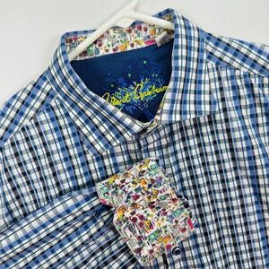 Robert Graham Shirt Mens XL Blue Plaid‎ Classic Fit Long Sleeve Drinks Flip Cuff